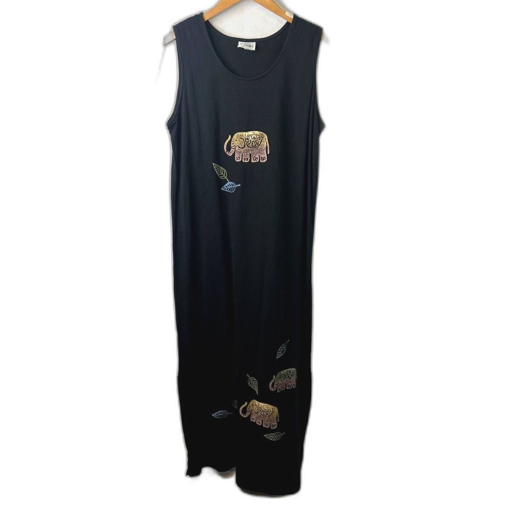Match Point Maxi Dress Black Elephant Graphic Boho Casual Sleeveless Large *READ